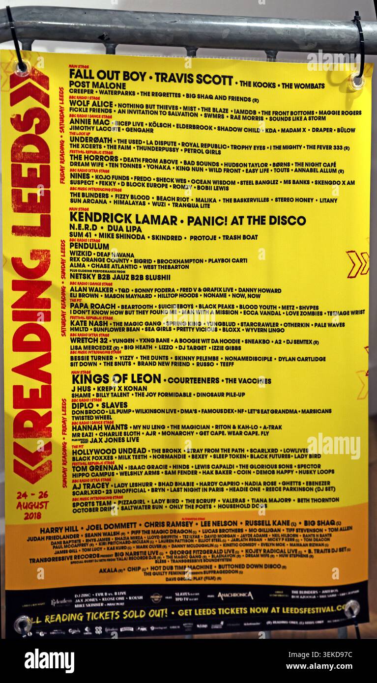 Leeds Reading Festival-style music poster displayed in Leeds, West Yorkshire, England, UK. Stock Photo