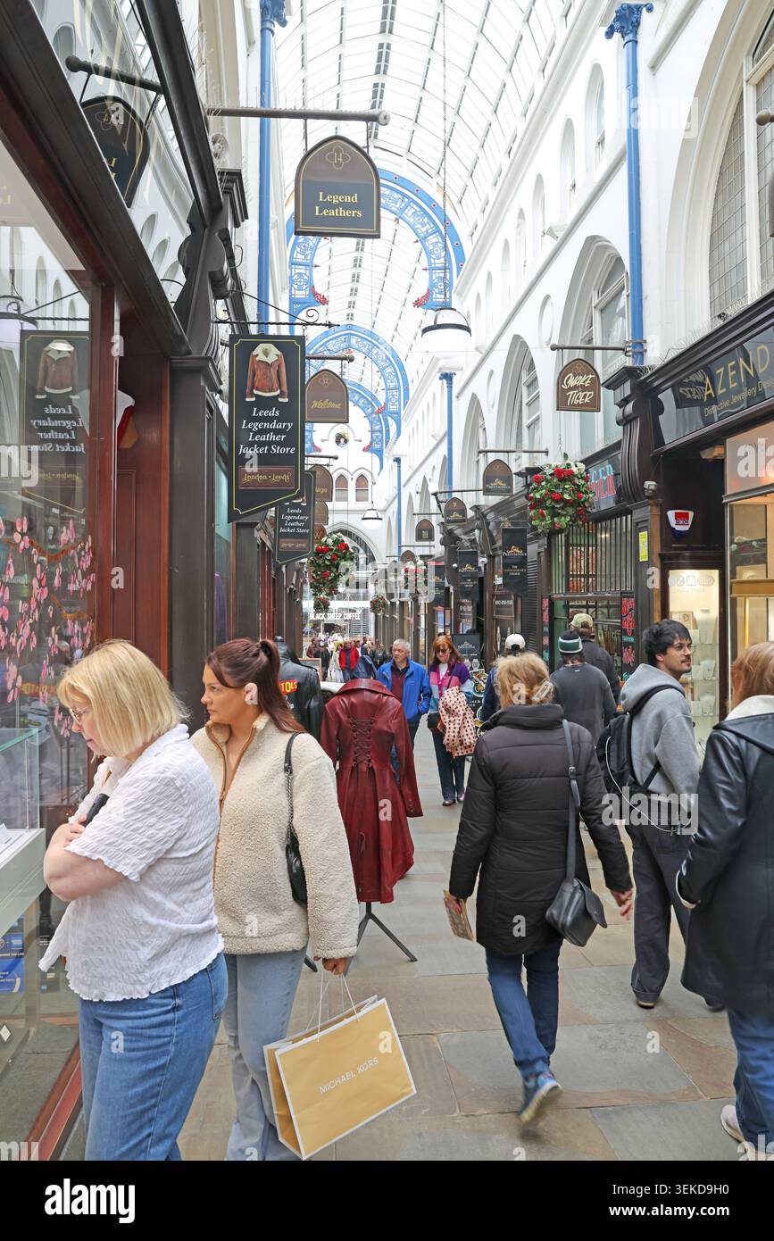 Thornton's Arcade in Leeds city centre, West Yorkshire, England, UK, showing busy pedestrian passage. Stock Photo