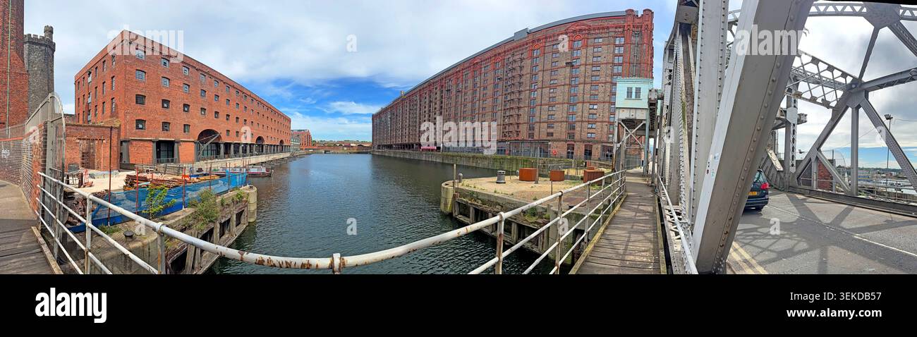 Panorama of Titanic Hotel, Tobacco Warehouse and Stanley Dock in Liverpool, showing historic dock buildings and waterside regeneration Stock Photo