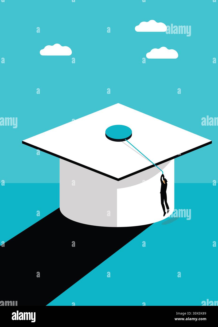 Minimal flat vector illustration of a graduation cap with a student climbing toward academic success, symbolizing education, achievement, ambition, an Stock Vector