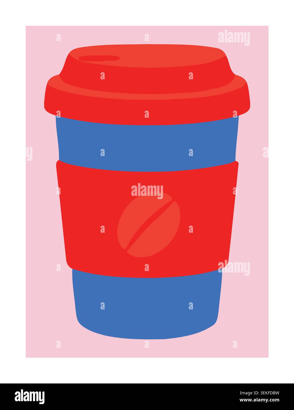 Flat vector illustration of a blue coffee cup with red lid and sleeve on pink background. Ideal for modern cafe branding, packaging, and advertising m Stock Vector