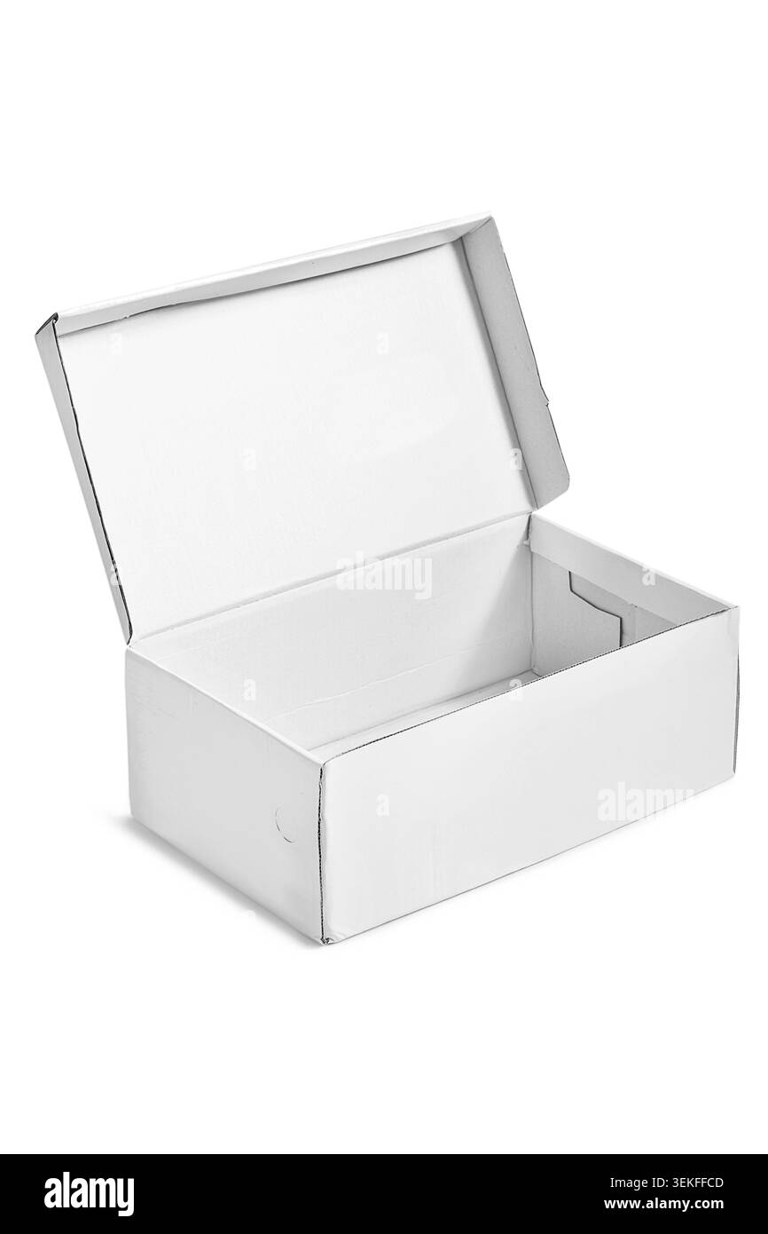 Opened empty white carton packaging box isolated over white Stock Photo