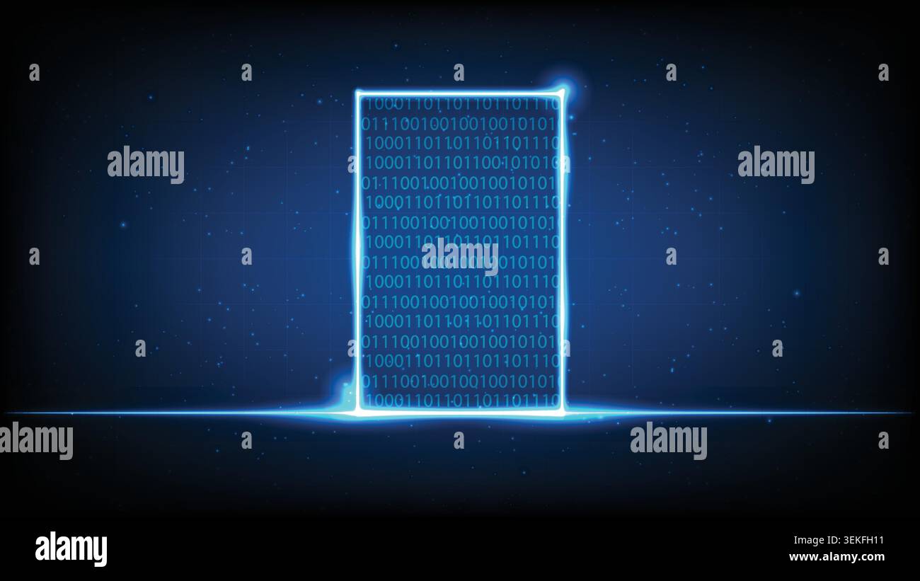 Glowing neon door with binary code matrix, Abstract futuristic technology gateway background Stock Vector