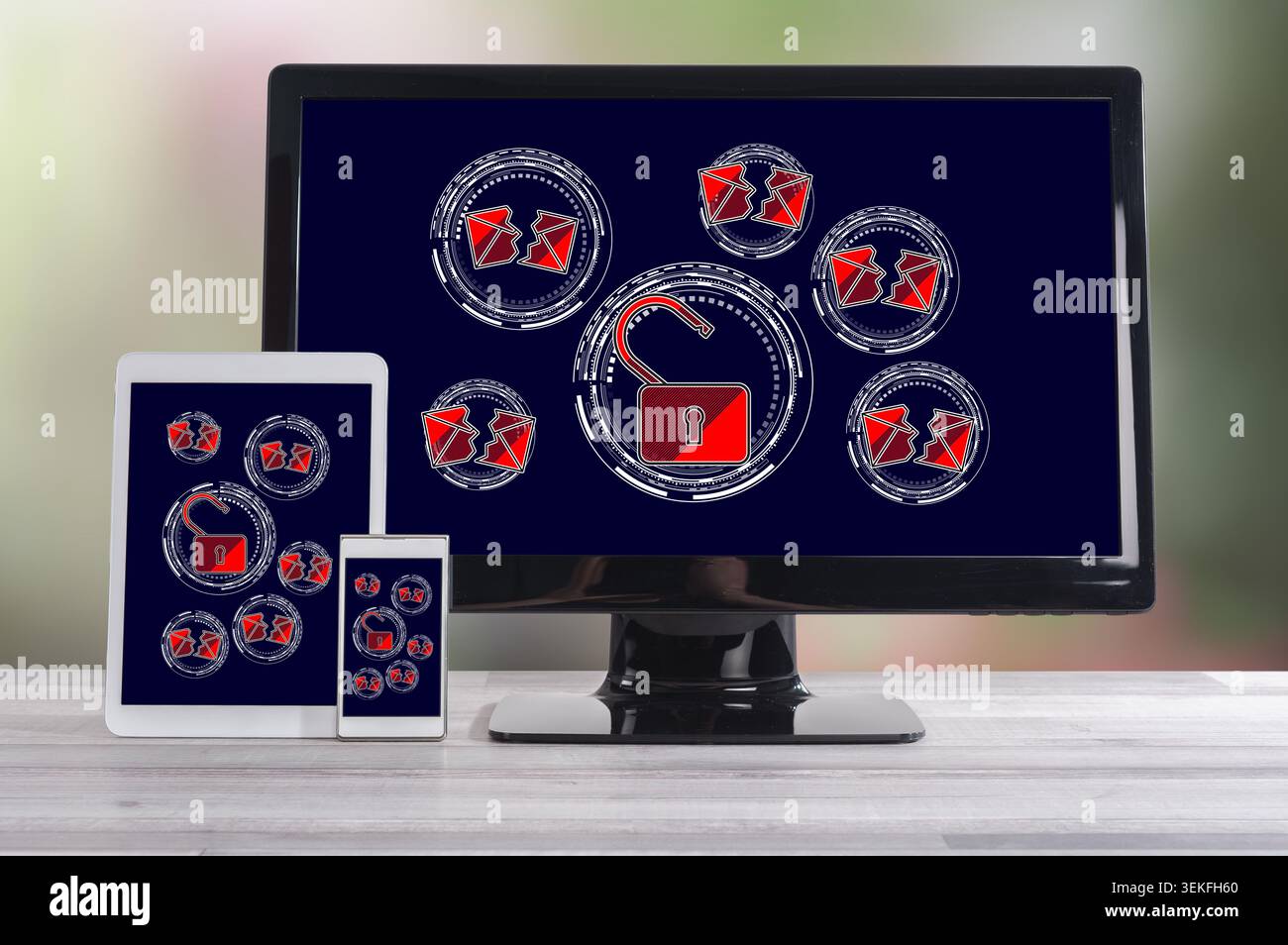 Spam concept shown on different information technology devices Stock Photo