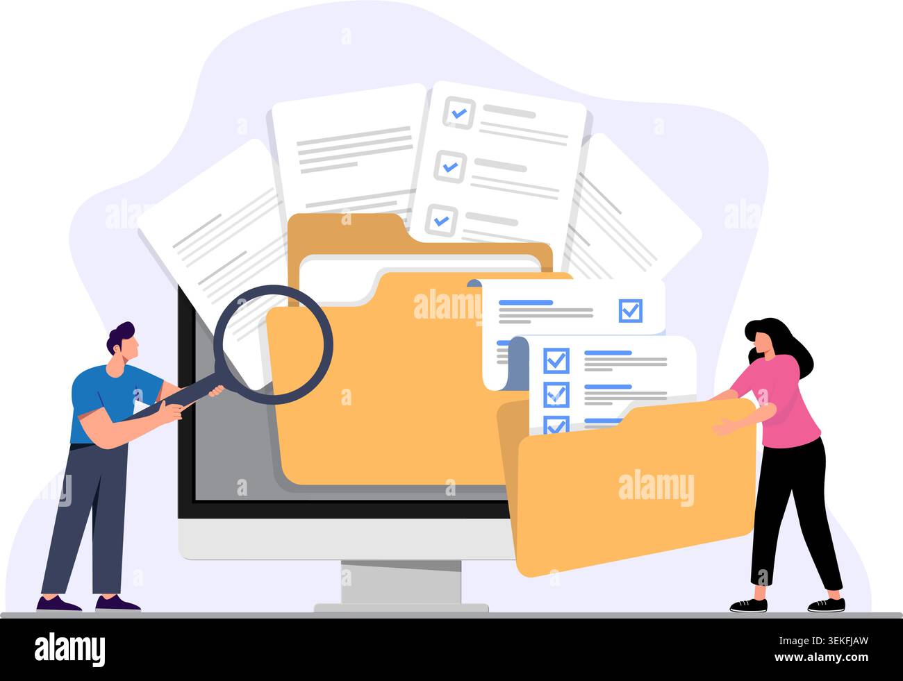 Office workers organizing data storage and file archive on server or computer. PC users searching documents on database. Stock Vector
