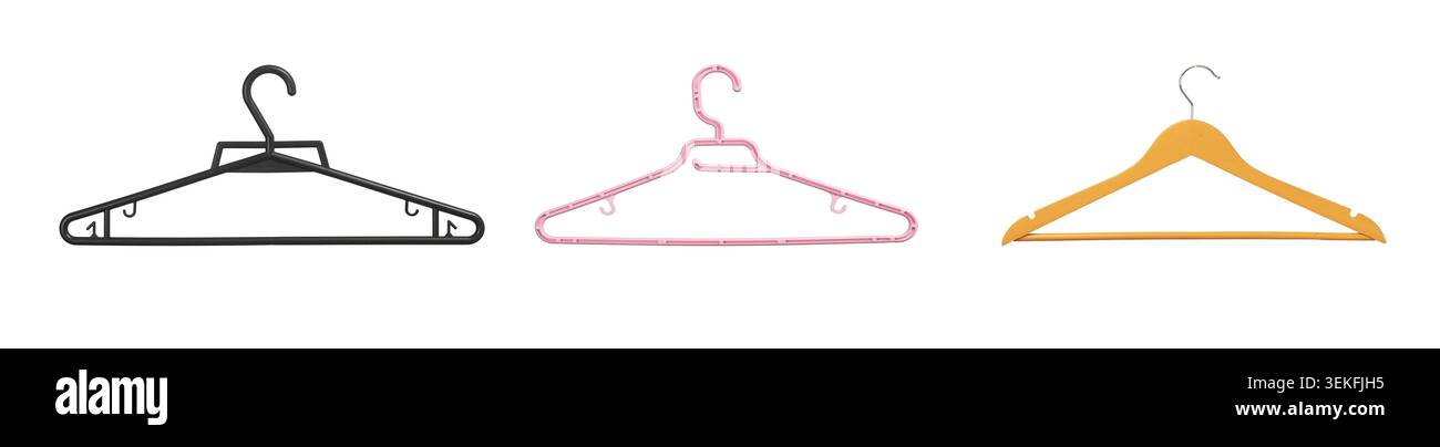 Three hanger objects arranged horizontally on surface. Set items aligned showing different shapes with simple composition. Retail organization concept Stock Photo