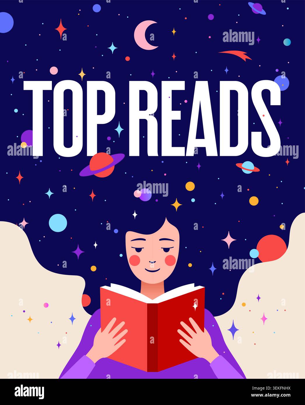 Book, Imagination, Dreams. Girl reading Stock Vector