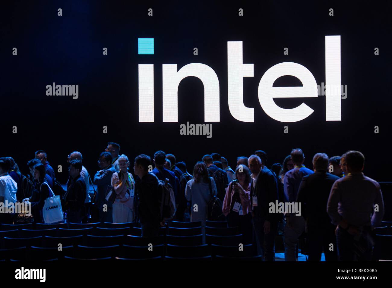 A large intel logo at a keynote at Computex 2026 in Taipei, Taiwan ...