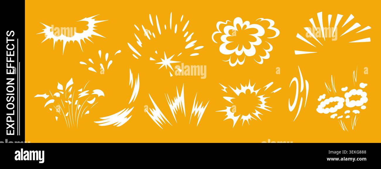 Explosive doodle comic action scene featuring dynamic burst effect vector illustration set. Stock Vector