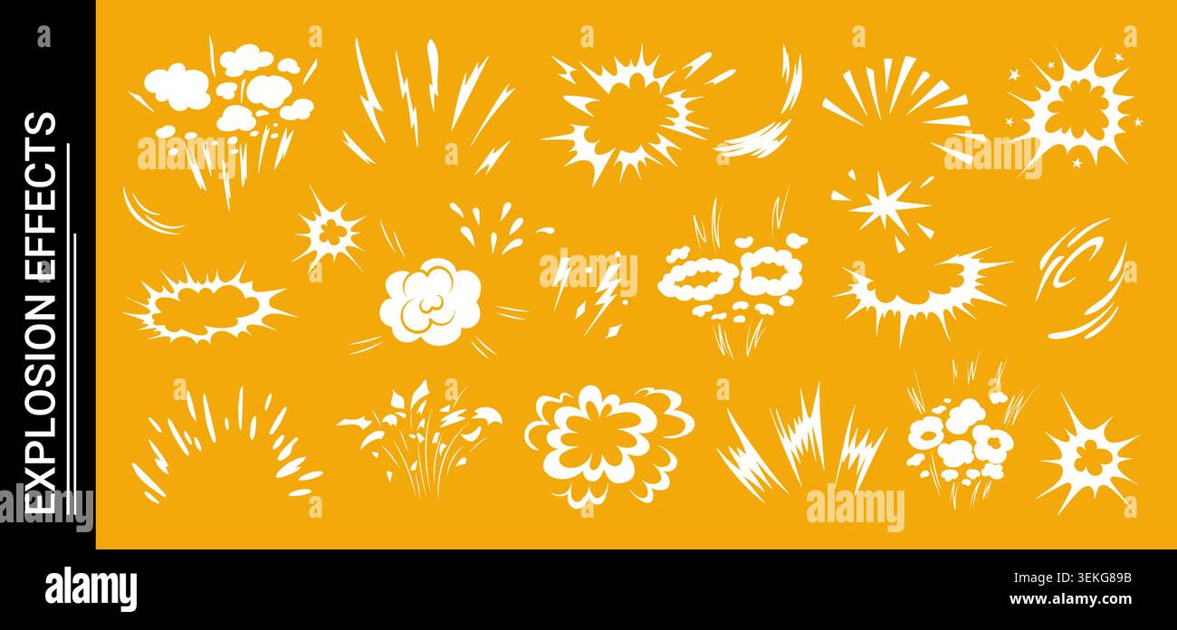 Explosive doodle comic action scene featuring dynamic burst effect vector illustration set. Stock Vector
