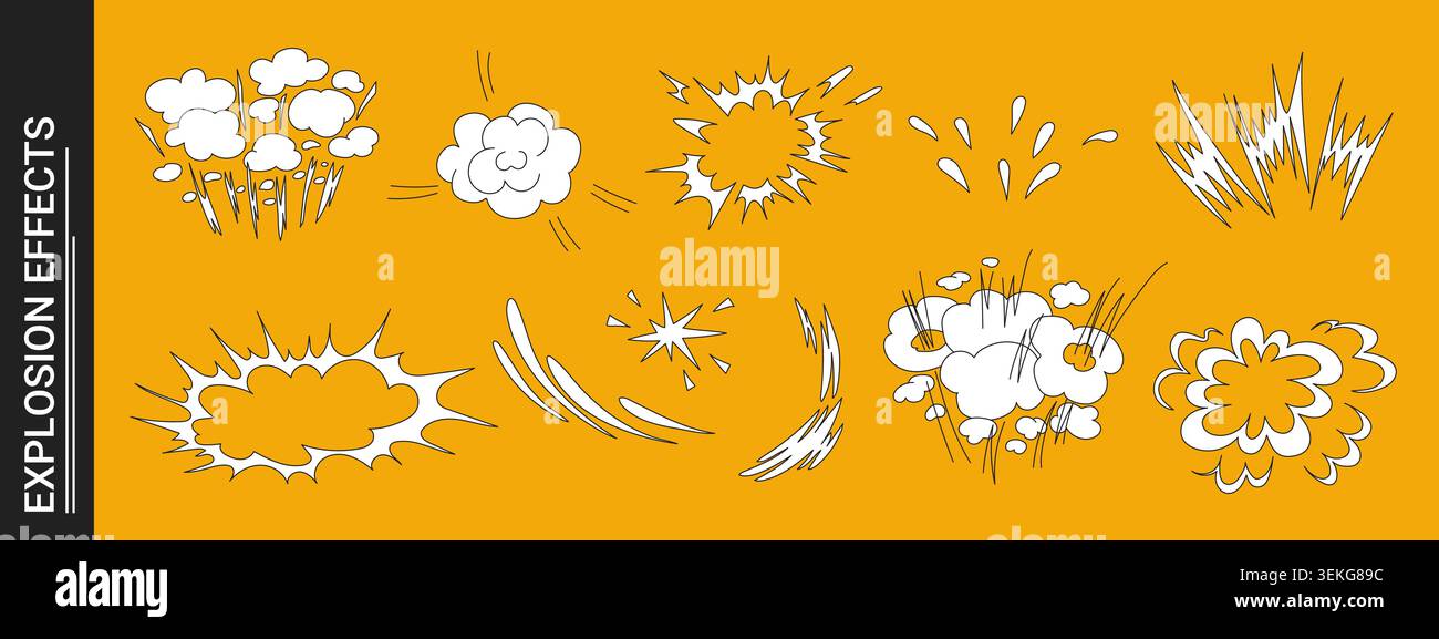 Explosive doodle comic action scene featuring dynamic burst effect vector illustration set. Stock Vector