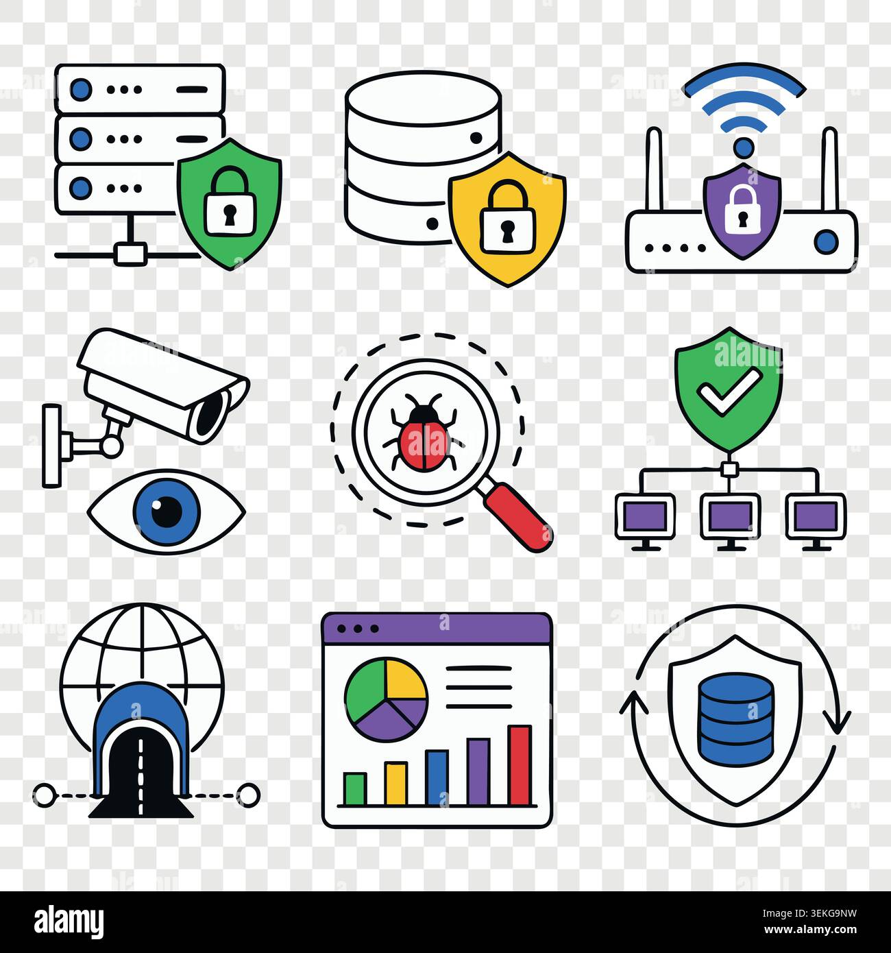 Cyber security icons collection featuring surveillance camera data analytics dashboard and network server shields Stock Vector