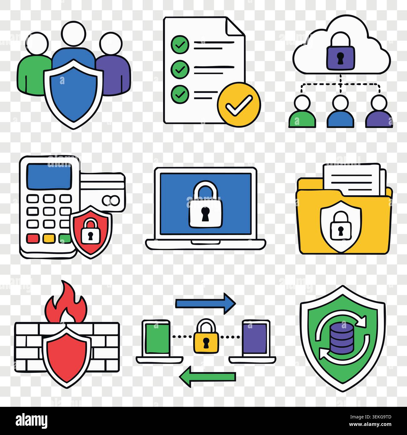 Cyber security vector icons set including data protection shields smart locks and secure server cloud storage Stock Vector