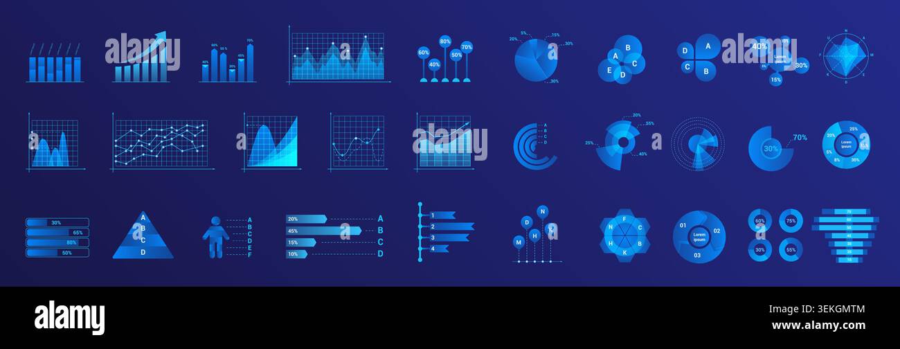 Collection of glowing neon charts, graphs, diagrams, and analytics icons on dark blue background for business dashboard, statistics, presentation, and data visualization vector illustration Stock Vector