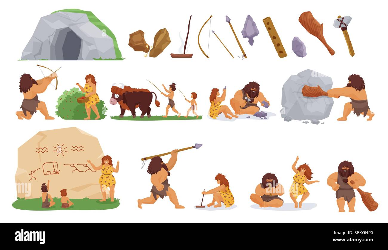 Collection of primitive people, cave dwelling, hunting, stone carving ...