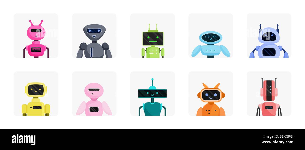 Collection of colorful chatbot robot avatars with cute futuristic ...