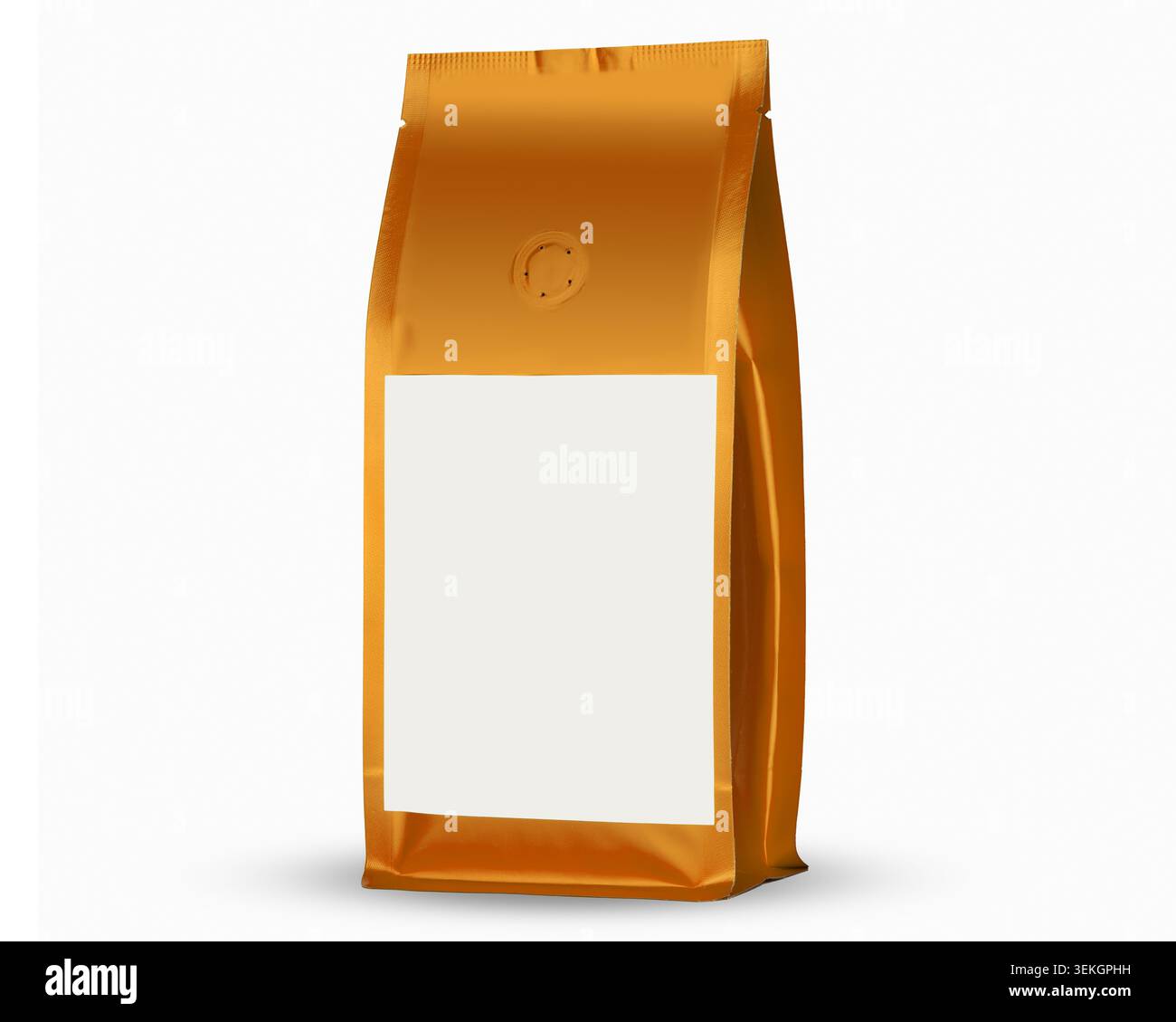 Golden coffee packaging pouch with blank white label Stock Photo