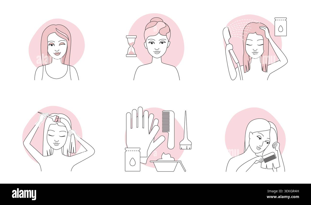 Step by step hair coloring routine with woman portraits, dye application, waiting time, tools, washing and combing sequence isolated on white background vector illustration Stock Vector