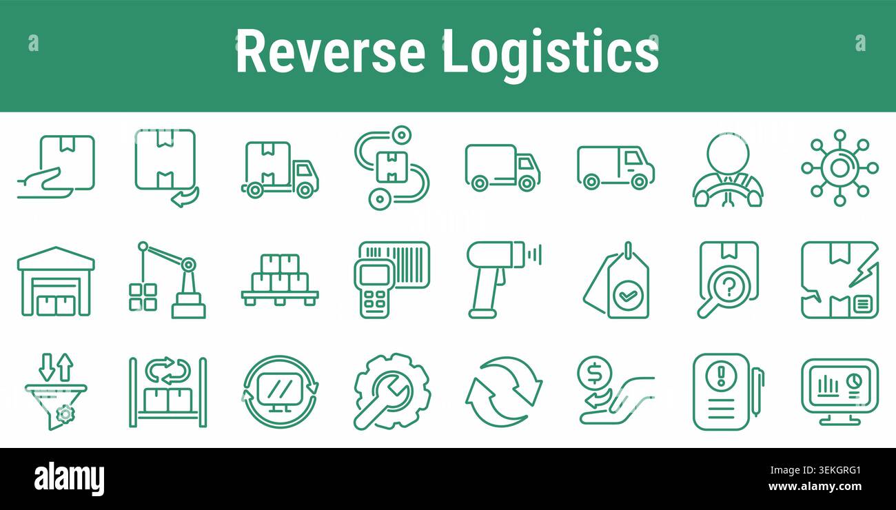 Reverse logistics line icons with returns pickup delivery warehouse ...