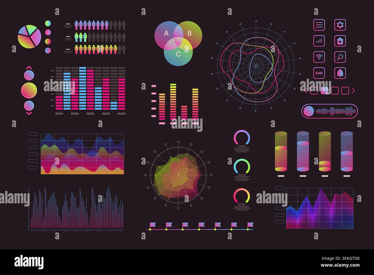 Collection of neon color interface elements with charts, graphs, buttons, icons, sliders, analytics panels, and dashboard widgets isolated on dark background vector illustration Stock Vector