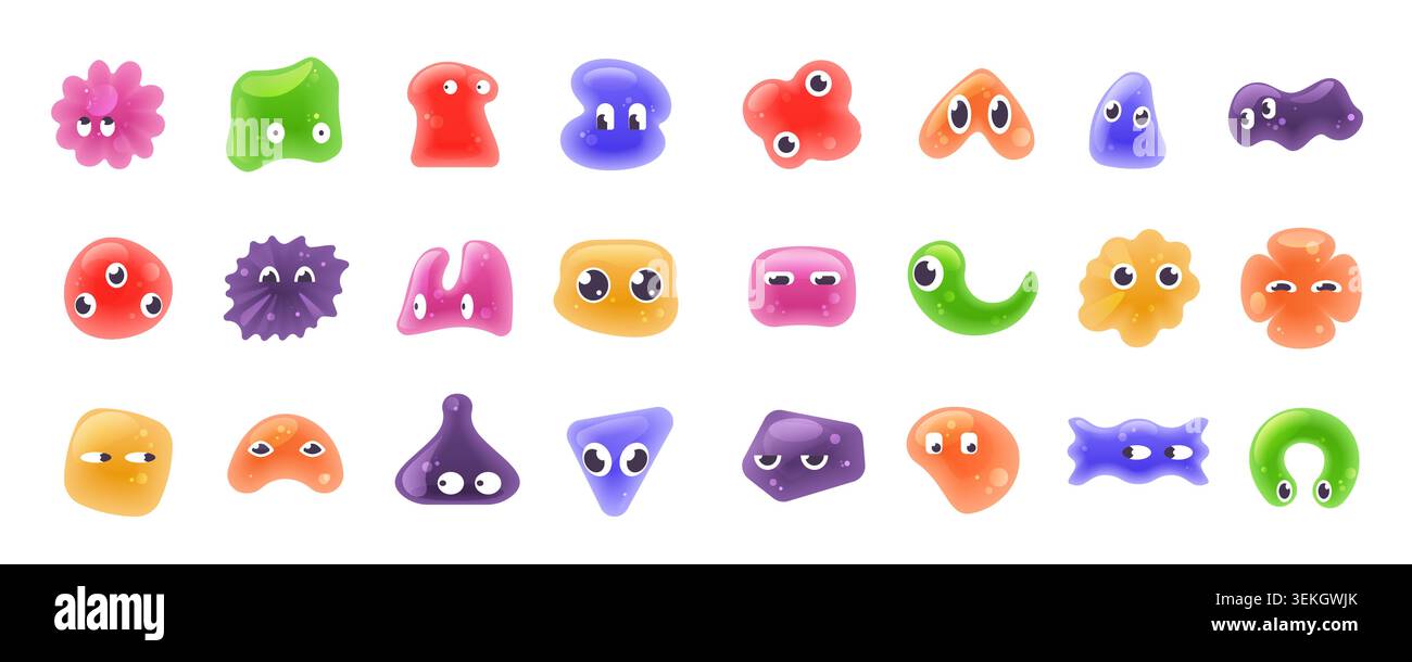 Colorful 3d jelly doodle shapes with cute facial emotions in playful abstract blob forms for kids design, stickers, icons, and fun creative projects isolated on white background vector illustration Stock Vector