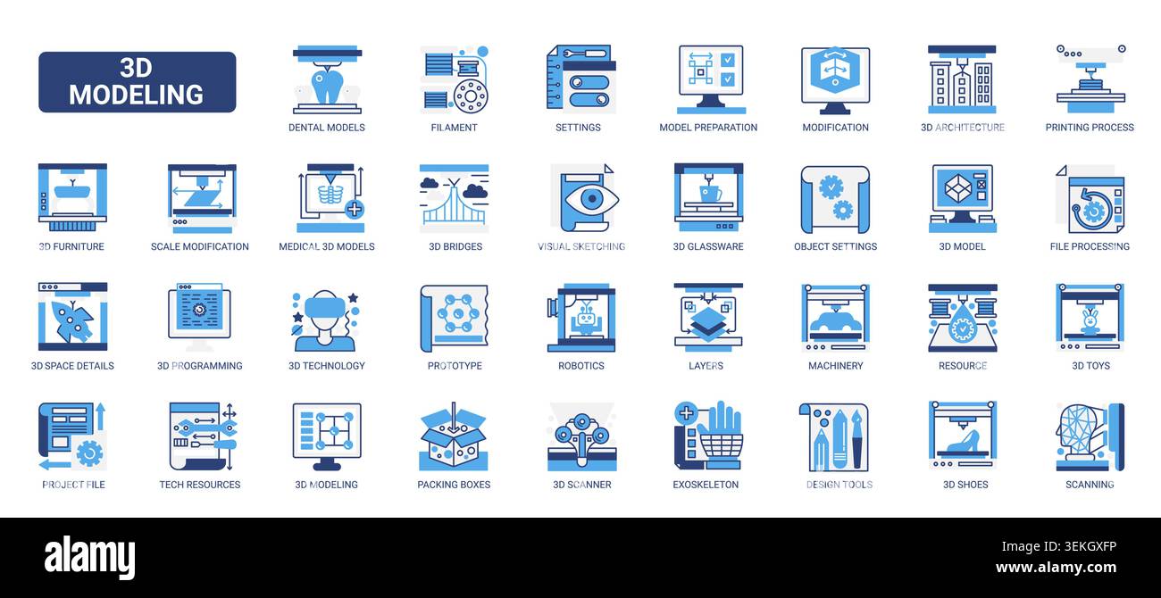 3D printing and modeling technology symbols covering prototyping ...