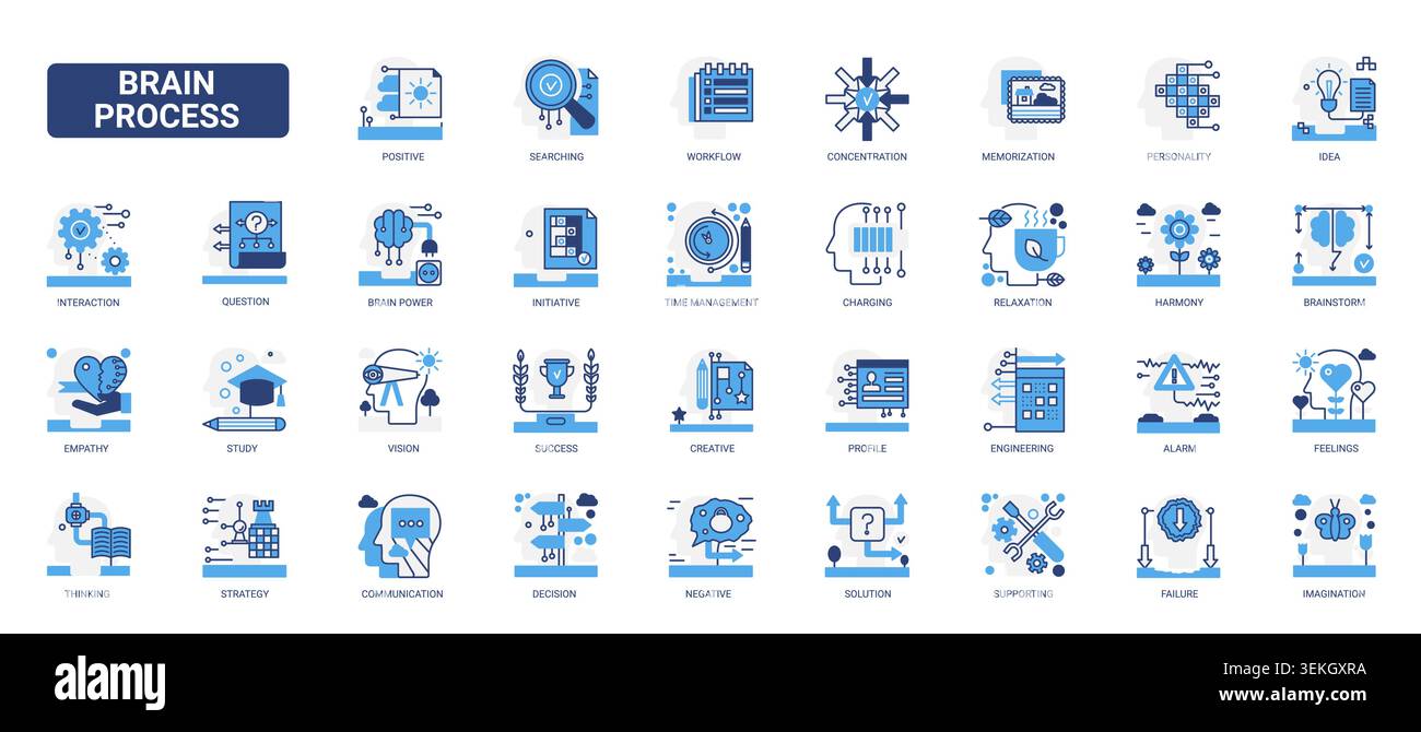 Brain process symbols showing thinking, memory, focus, ideas, communication and problem solving for cognitive workflow and mental performance themes solid blue glyph line icons set vector illustration Stock Vector