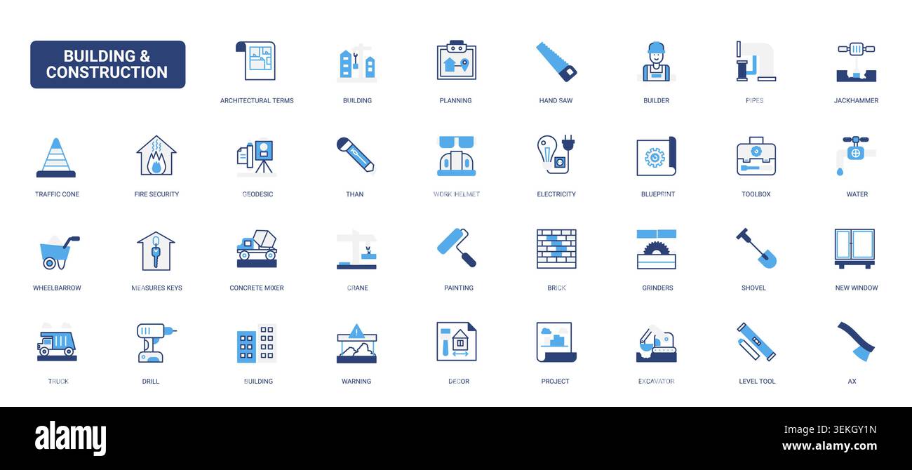 Construction industry symbols covering planning, safety, tools, machinery and building elements for engineering, renovation and site workflow solid blue glyph line icons set vector illustration Stock Vector
