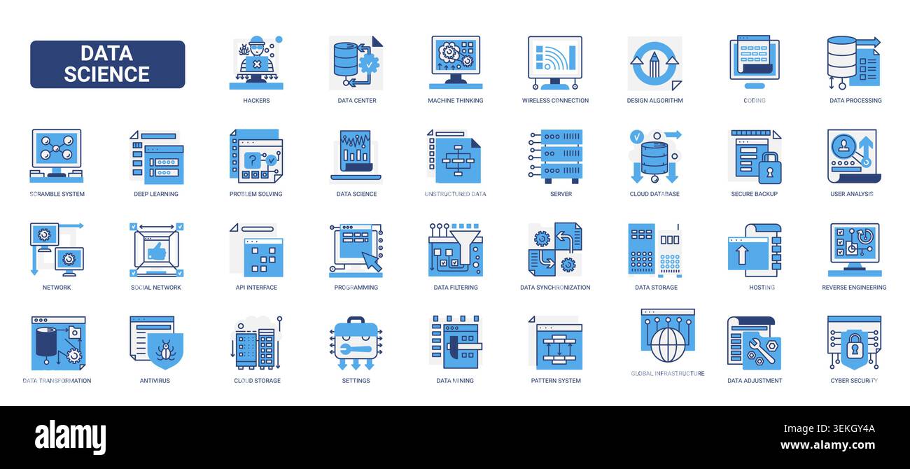 Data science and analytics symbols covering machine learning, coding, storage, security and network systems for digital technology workflows solid blue glyph line icons set vector illustration Stock Vector