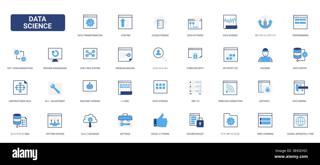 Data science and analytics symbols covering storage, coding, security, algorithms, servers and machine learning for digital technology workflows solid blue glyph line icons set vector illustration Stock Vector