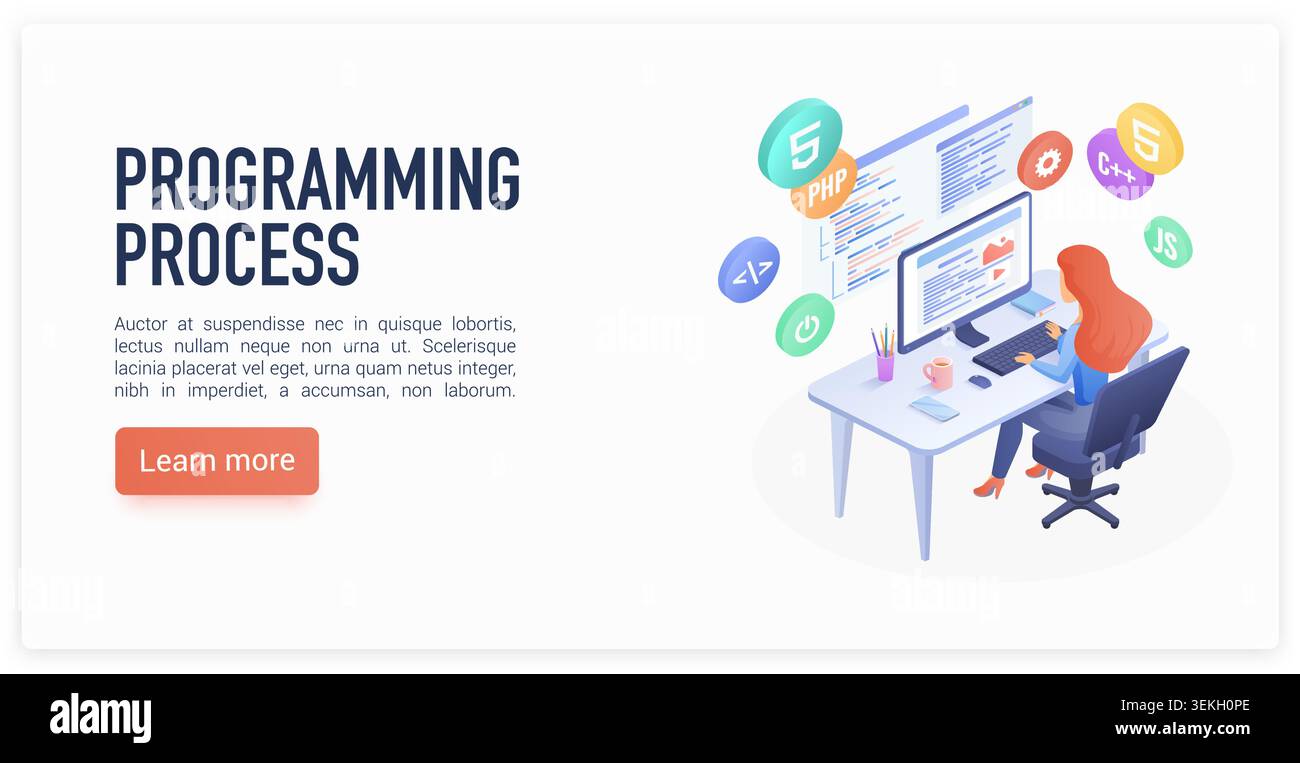 Isometric woman developer coding at desktop computer with software screens, web languages and office desk setup for programming process landing page isolated on white background vector illustration Stock Vector