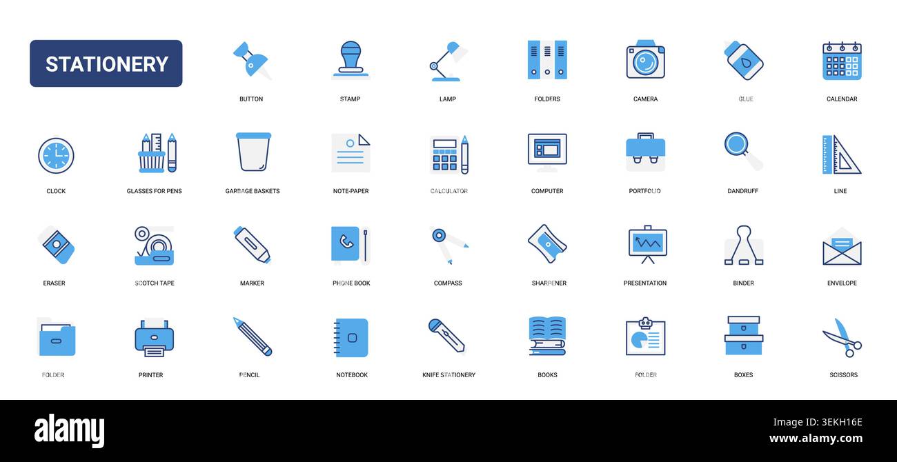Stationery and office supply symbols for school, desk organization, writing tools, folders, calendar, printer and creative workspace needs solid blue glyph line icons set vector illustration Stock Vector
