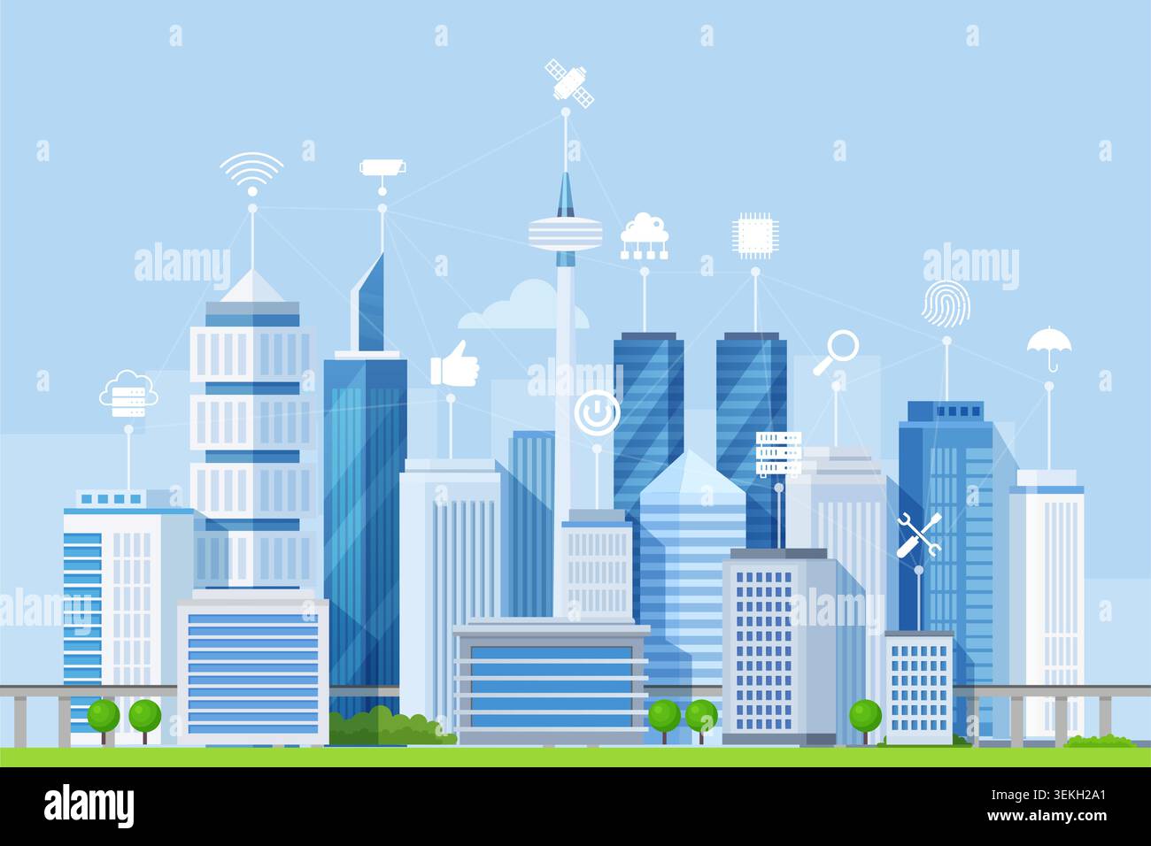 Modern smart city skyline with connected buildings, wireless network icons, satellite, cloud computing, security and urban infrastructure in blue tones vector illustration Stock Vector