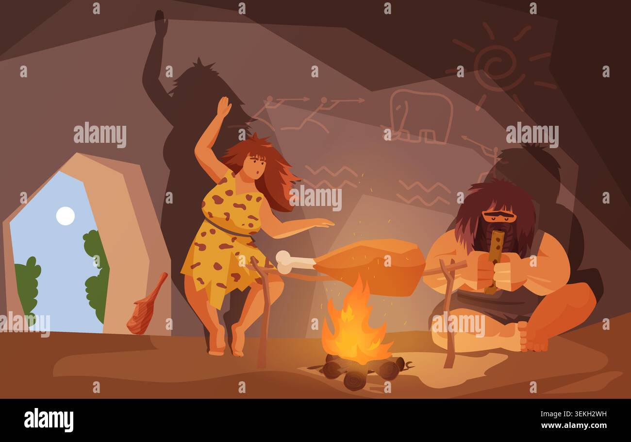 Prehistoric cave people dance and cook meat over a campfire inside a rocky shelter with ancient wall drawings, stone tools and tribal life scene isolated on dark background vector illustration Stock Vector