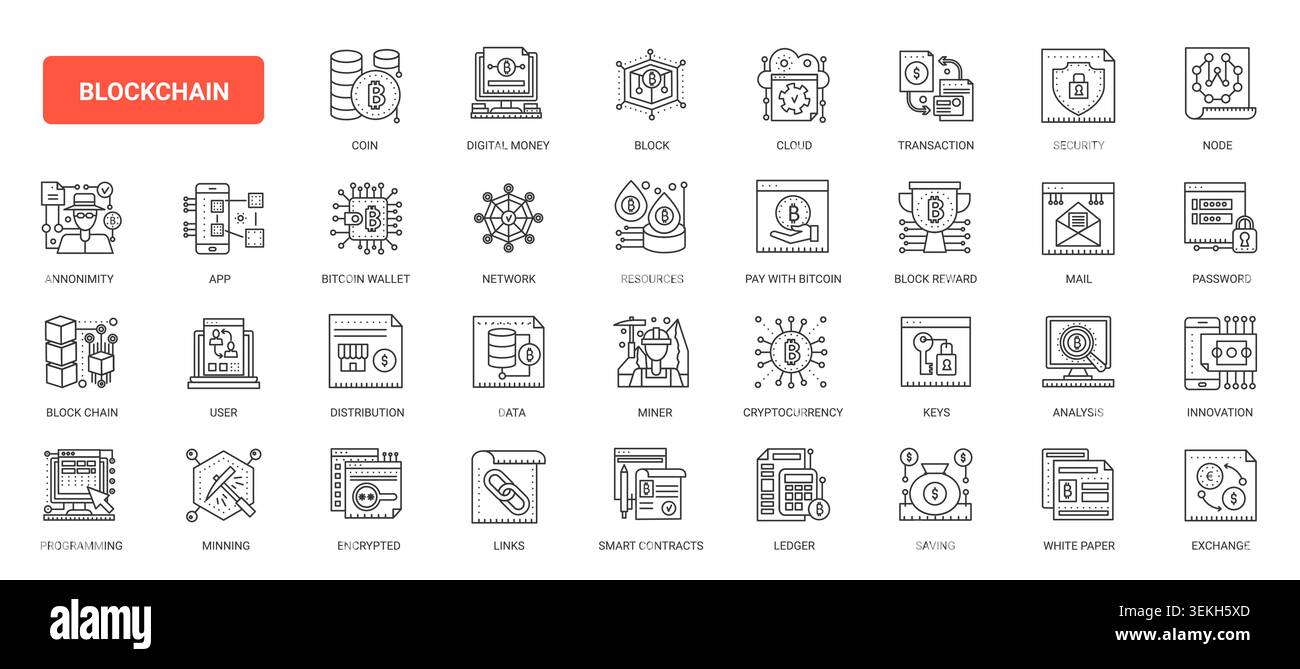 Blockchain and cryptocurrency symbols for digital payments, secure transactions, wallets, mining, smart contracts and decentralized finance systems complex black line icons set vector illustration Stock Vector