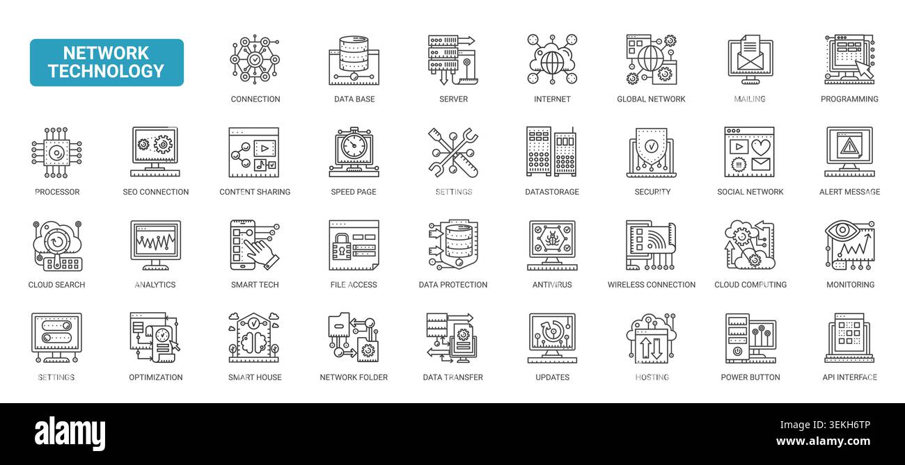 Network technology symbols for internet communication, servers, databases, cloud computing, security, analytics and digital infrastructure workflows complex black line icons set vector illustration Stock Vector