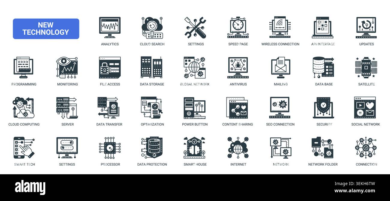 Digital network technology symbols showing connectivity, cloud computing, servers, databases, security, monitoring and wireless communication tools solid black icons set vector illustration Stock Vector