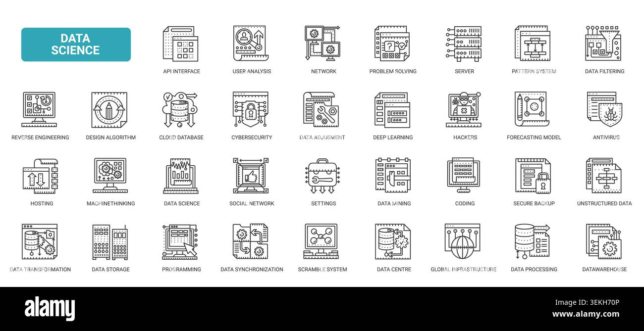 Data science and analytics symbols covering machine learning, servers, cybersecurity, storage, coding network systems for digital technology workflows complex black line icons set vector illustration Stock Vector