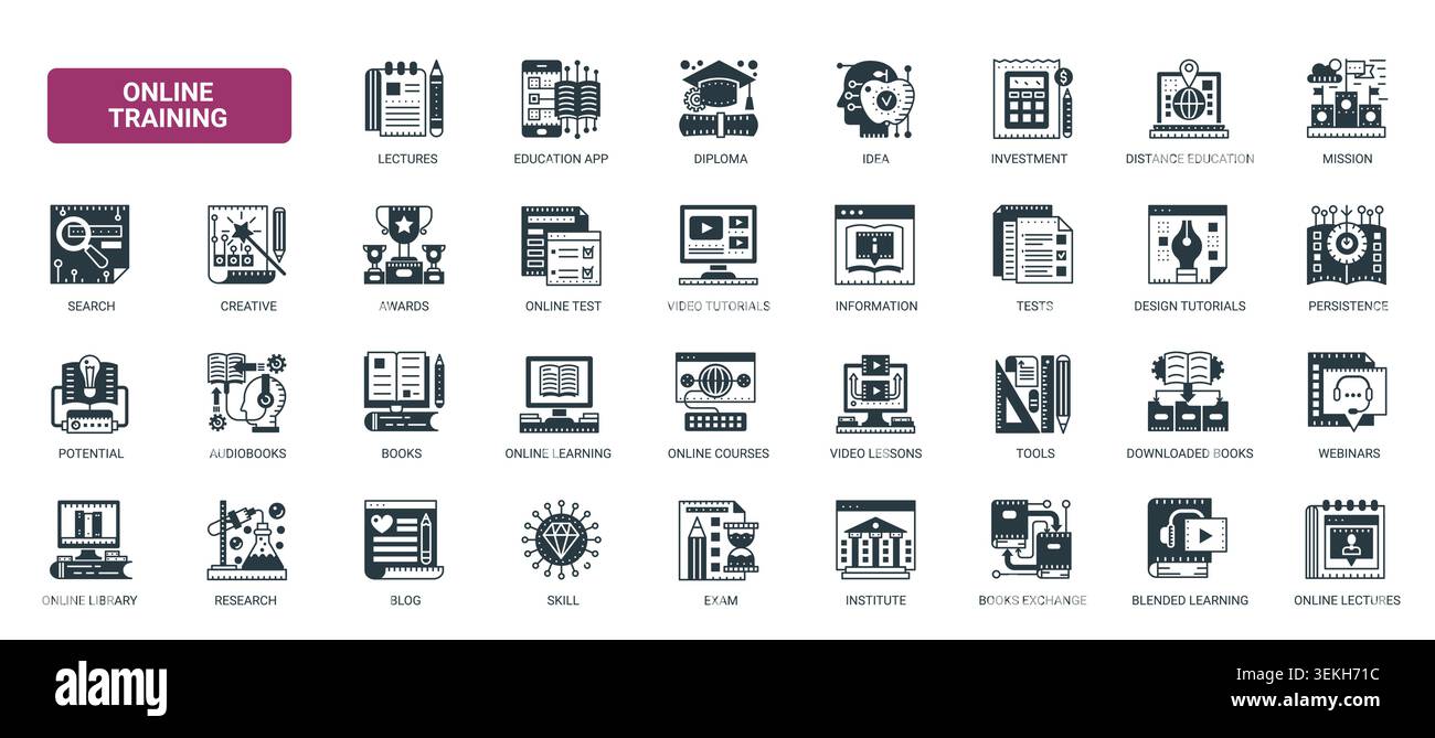 Online education and training concept featuring digital learning, courses, webinars, tests, books, tutorials remote study resources solid black icons set vector illustration Stock Vector