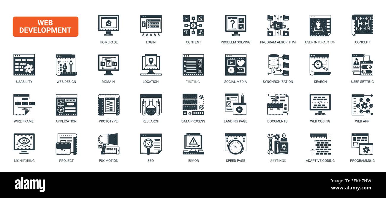 Web development workflow symbols covering coding, testing, interface design, search, analytics, programming and digital product creation solid black icons set vector illustration Stock Vector