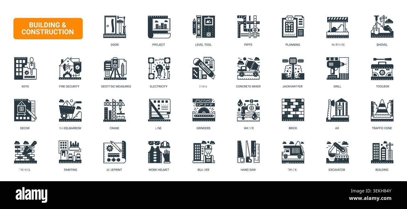 Construction industry symbols featuring building tools, site equipment, planning elements and engineering workflow for architecture development solid black icons set vector illustration Stock Vector