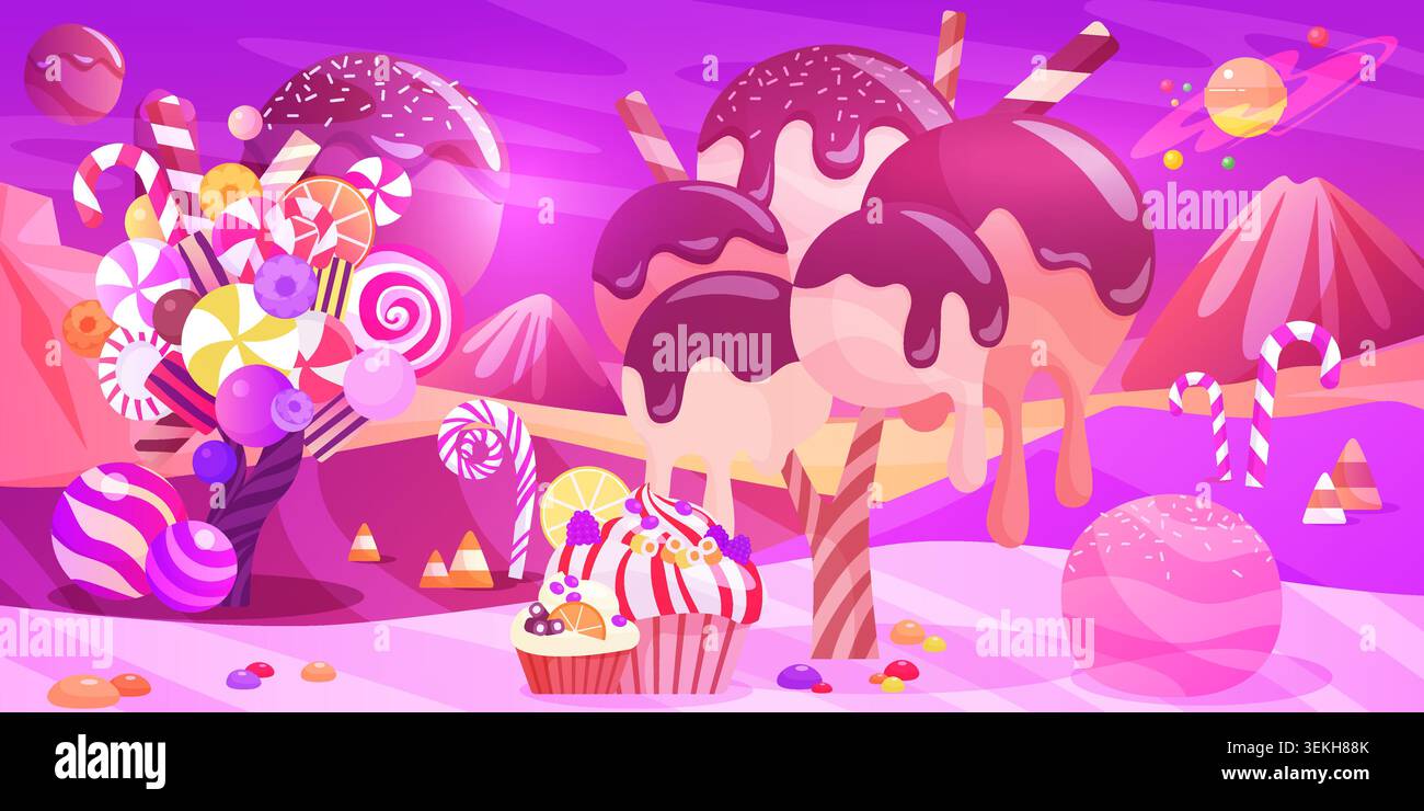 Surreal pink dessert world with candy trees, dripping ice cream, donuts, cupcakes and planets in an alien fantasy landscape for sweet themed design projects vector illustration Stock Vector