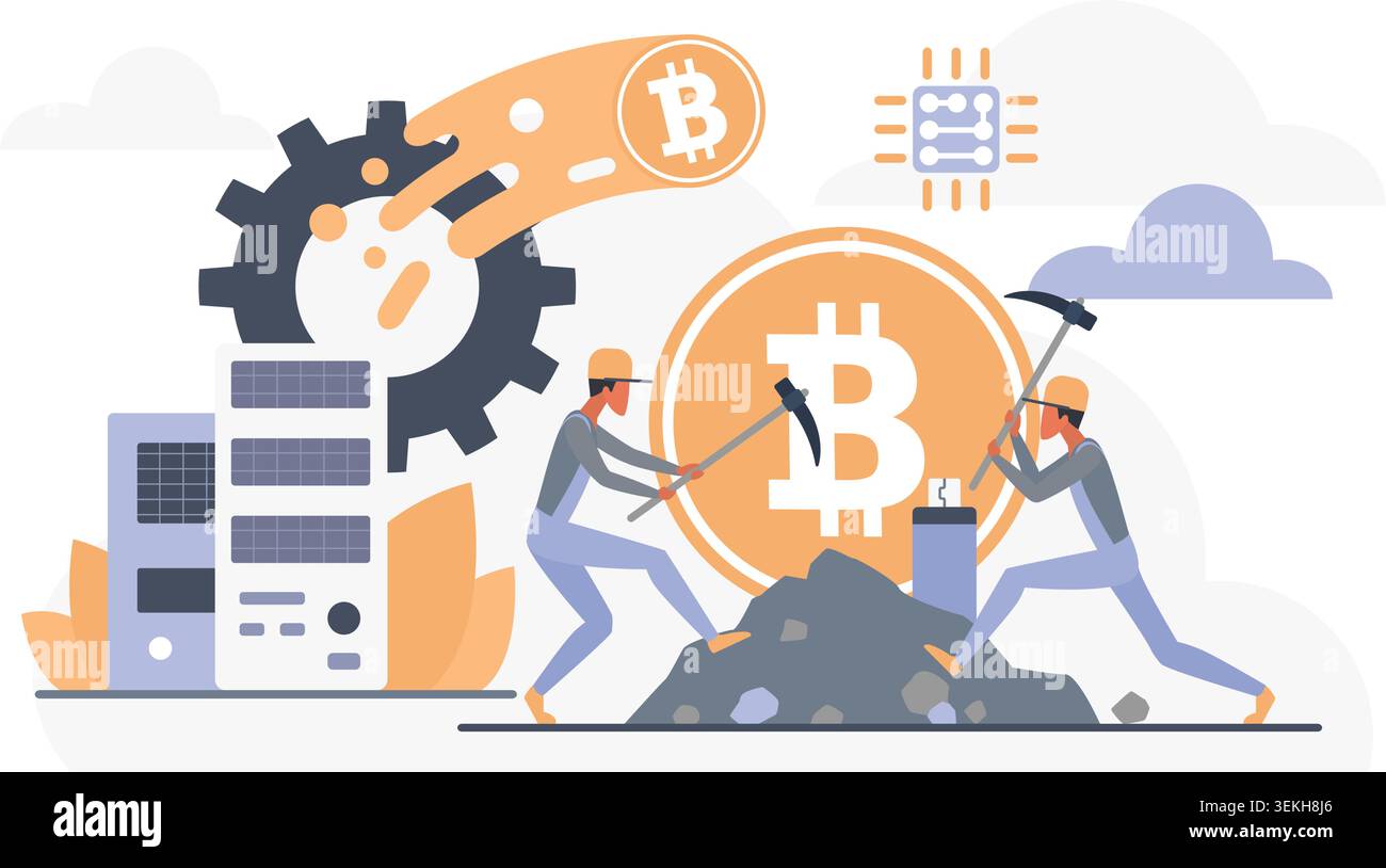 Workers mine bitcoin with pickaxes beside server hardware, cloud computing icons and processor elements, showing digital crypto mining technology isolated on white background vector illustration Stock Vector