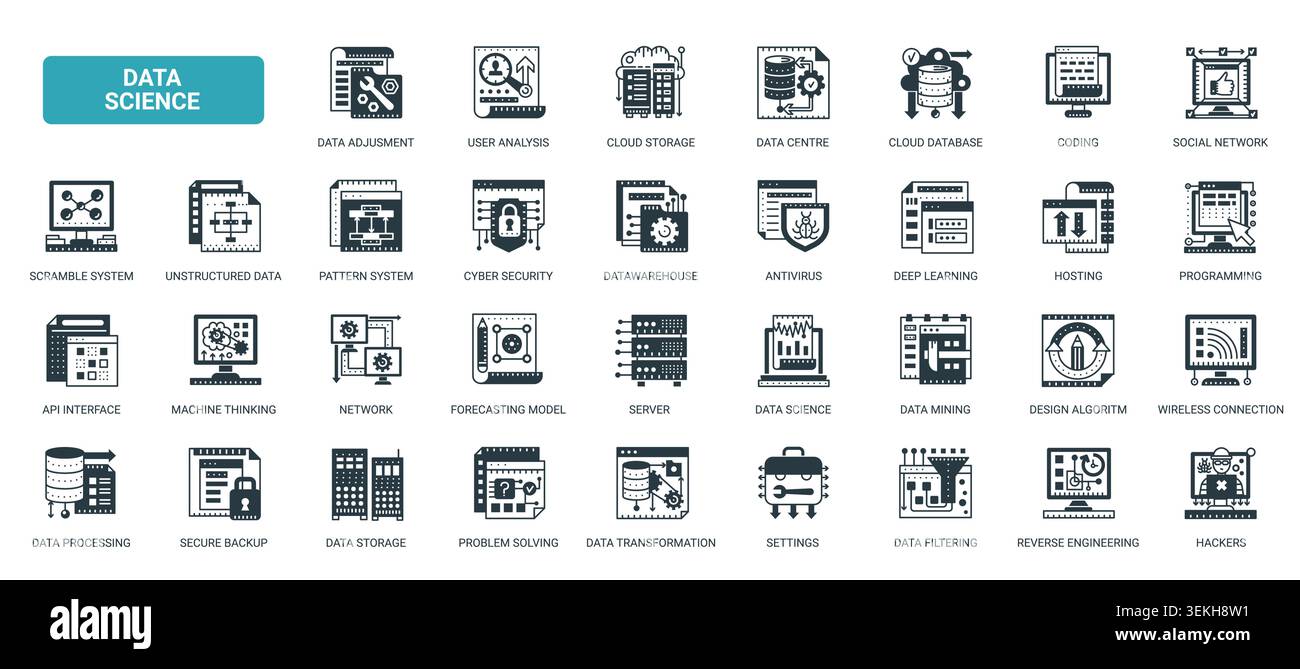 Data science and analytics symbols covering storage, coding, mining, security, cloud systems machine learning for digital technology workflows solid black icons set vector illustration Stock Vector