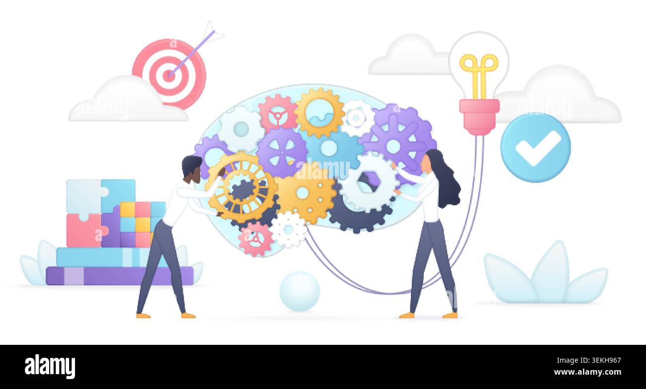 People building a brain with gears, puzzle blocks, target, light bulb and check mark, showing creative thinking, problem solving and innovation isolated on white background vector illustration Stock Vector
