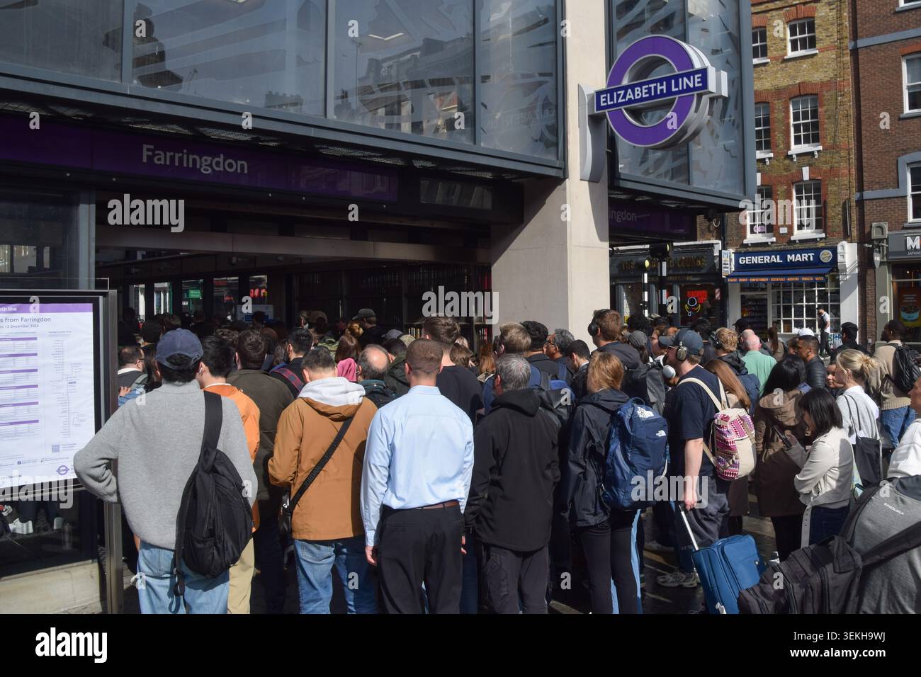 London, UK. 2nd June 2026. Commuters pack into Farringdon Station at the Barbican entrance for the Elizabeth Line as tube drivers, represented by the RMT union, go on strike over the proposal to allow train operators to shift to a compressed four-day week. Elizabeth Line is not directly affected by the strike and is experiencing vastly more commuters. Credit: Vuk Valcic/Alamy Live News Stock Photo