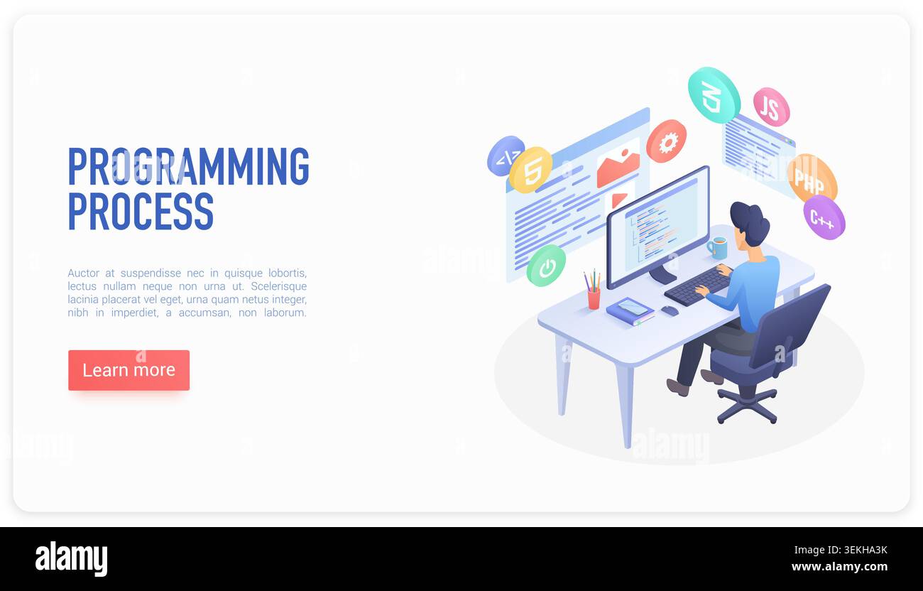 Isometric programmer working at desktop computer with coding screens, web development icons and software interface elements, isolated on white background vector illustration Stock Vector