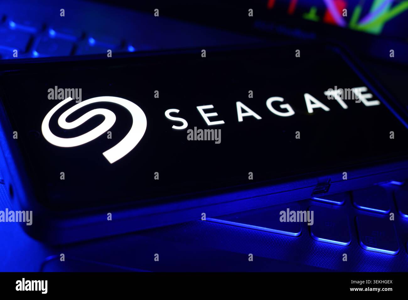 Seagate Technology Company Logo On Screen Display With Computer Technology Keyboard Background And Data Storage Hardware Workspace Stock Photo