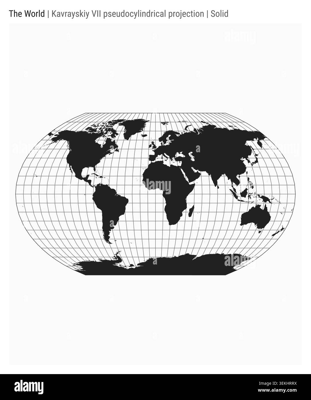 World Map. Kavrayskiy VII pseudocylindrical projection. Solid style ...