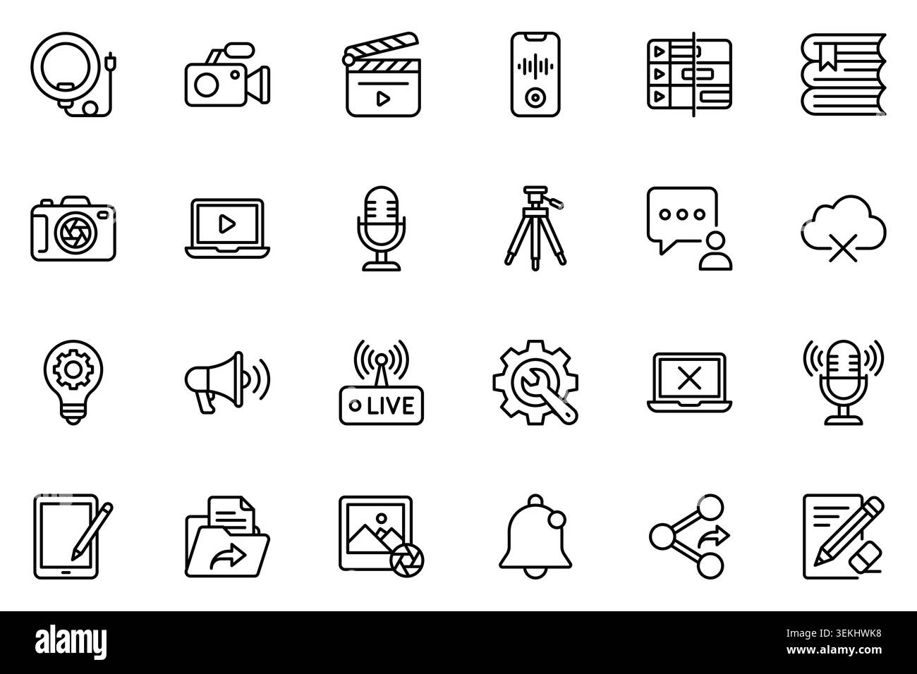 Video content creation and blogging tools line icon set vector Stock Vector